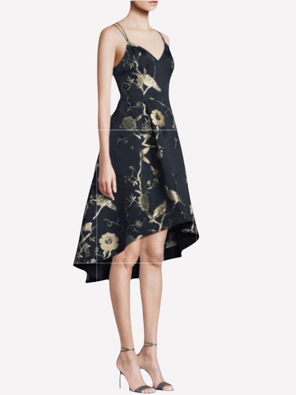 Aidan by Aidan Mattox Black Gold Floral Bird Brocade High-Low Feminine Dress 10
